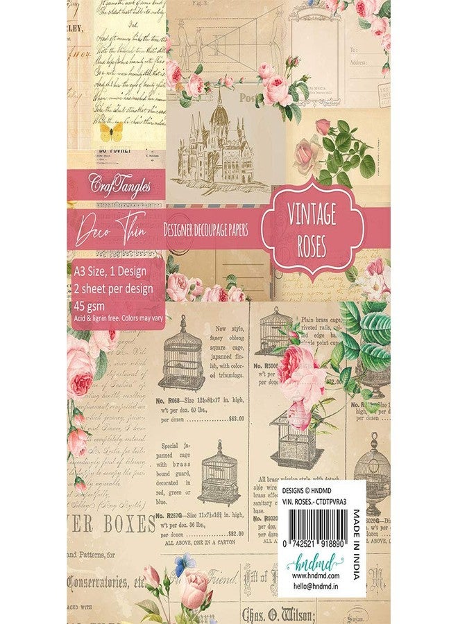 CrafTangles Deco Thin Decoupage Paper A3 (45 gsm) - Vintage Roses - 2 sheets - Image 1